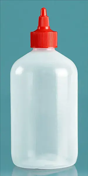 16 oz Natural LDPE Boston Round Bottles with 28/410 Red Twist Top Caps