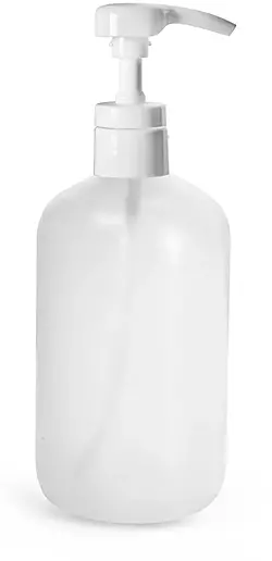 16 oz HDPE Plastic Bottles, Natural Boston Round Bottles w/ Smooth White Lotion Pumps