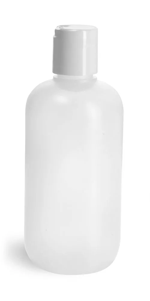 8 oz Natural HDPE Boston Round Bottles w/ White Disc Top Caps