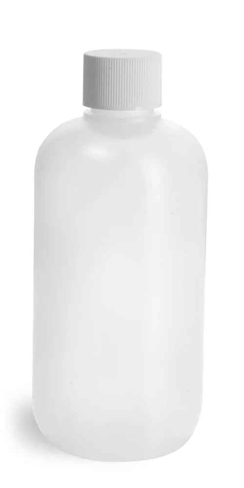 8 oz Natural HDPE Boston Round Bottles w/ White Lined Screw Caps
