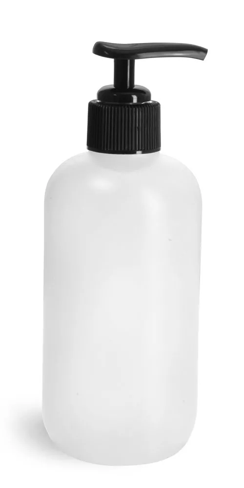 8 oz Natural HDPE Boston Round Bottles w/ Black Pumps