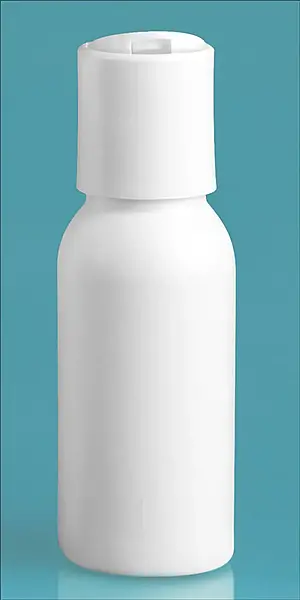 1 oz White HDPE Cosmo Round Bottles w/ White Polypropylene Disc Top Caps
