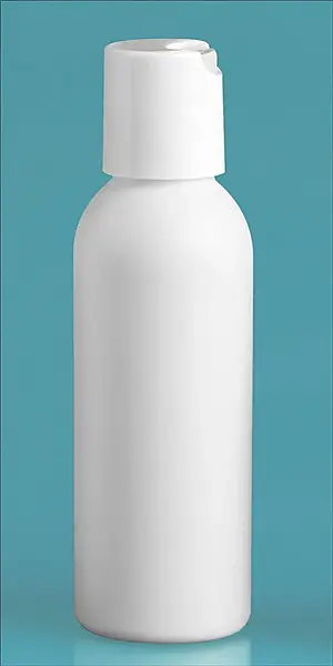 2 oz White HDPE Cosmo Round Bottles w/ White Polypropylene Disc Top Caps