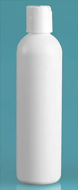 8 oz White HDPE Cosmo Round Bottles w/ White Polypropylene Disc Top Caps