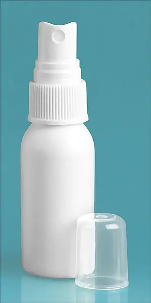 1 oz White HDPE Cosmo Round Bottles w/ White Polypropylene Fine Mist Sprayers