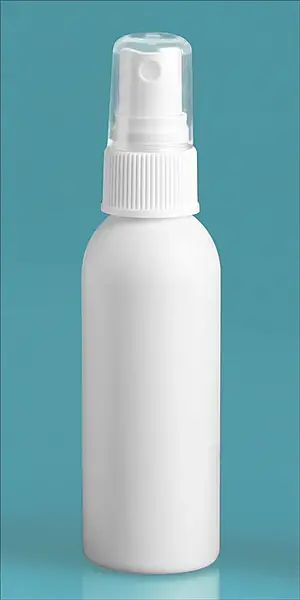 2 oz White HDPE Cosmo Round Bottles w/ White Polypropylene Fine Mist Sprayers