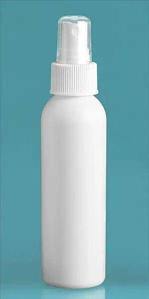4 oz White HDPE Cosmo Round Bottles w/ White Polypropylene Fine Mist Sprayers