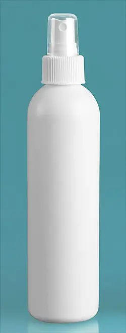 8 oz White HDPE Cosmo Round Bottles w/ White Polypropylene Fine Mist Sprayers
