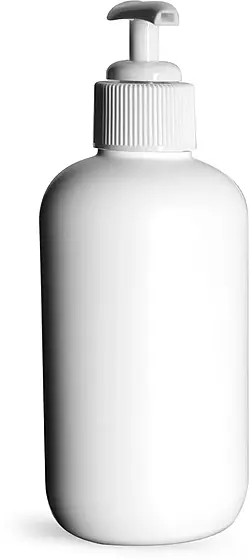 8 oz White HDPE Boston Round Bottles w/ White Lotion Pumps