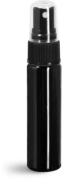 1 oz w/ Black Ribbed Sprayers Plastic Bottles, Black PET Slim Line Cylinder Bottles w/ Pumps or Sprayers