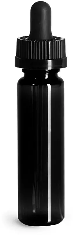 1 oz Plastic Bottles, Black PET Slim Line Cylinder Bottles w/ Black Child Resistant Glass Droppers