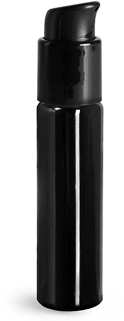 1 oz w/ Black Pumps PET Plastic Bottles, Black Slim Line Cylinder Bottles w/ Pumps or Sprayers