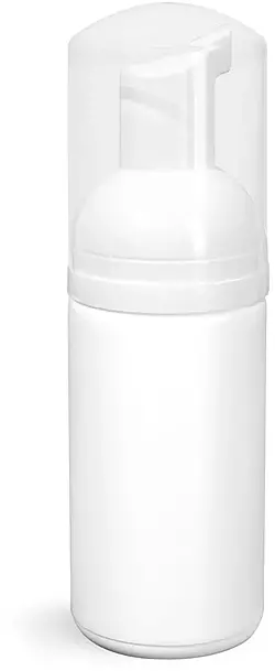100 ml White HDPE Cylinder Bottles w/ White Foamer Pumps & Clear Overcaps