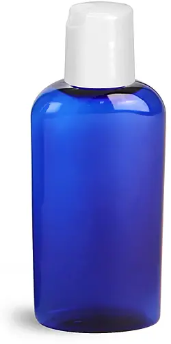 2 oz Blue PET Cosmo Oval Bottles w/ White  Disc Top Caps