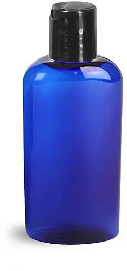 2 oz Blue PET Cosmo Oval Bottles w/ Black Disc Top Caps