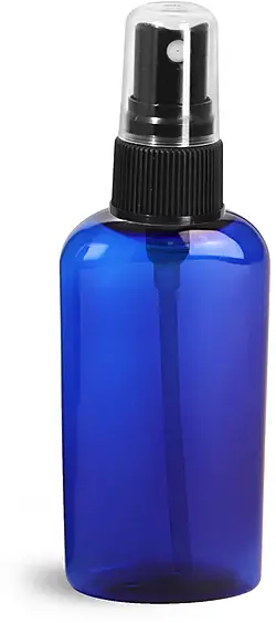 2 oz Blue PET Cosmo Oval Bottles w/ Black Fine Mist Sprayers