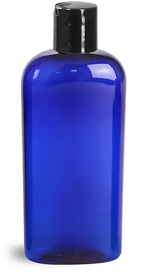 4 oz Blue PET Cosmo Oval Bottles w/ Black Disc Top Caps