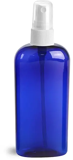 4 oz Blue PET Cosmo Oval Bottles w/ White Fine Mist Sprayers