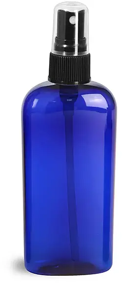 4 oz Blue PET Cosmo Oval Bottles w/ Black Fine Mist Sprayers