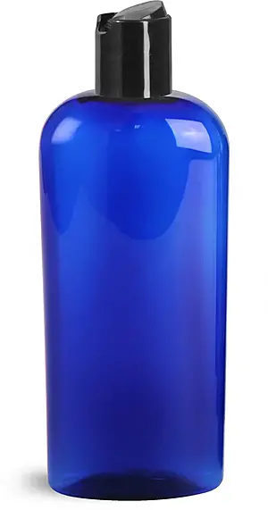 8 oz Blue PET Cosmo Oval Bottles w/ Black Disc Top Caps