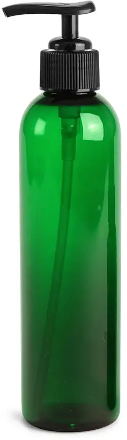 8 oz Green PET Cosmo Round Bottles w/ Black Lotion Pumps