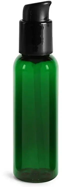 2 oz Green PET Cosmo Round Bottles w/ Black Treatment Pumps