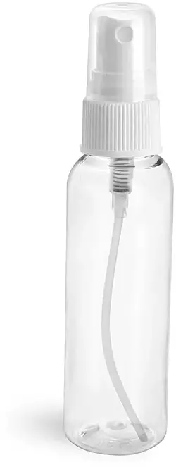 2 oz Clear PET Cosmo Round Bottles w/ White Fine Mist Sprayers