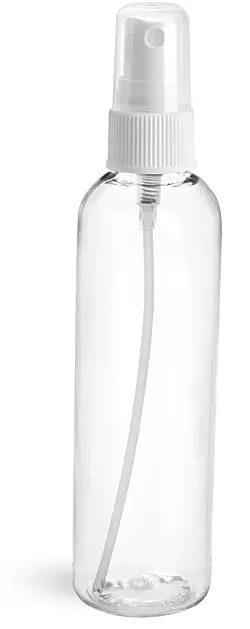 4 oz Clear PET Cosmo Round Bottles w/ White Fine Mist Sprayers