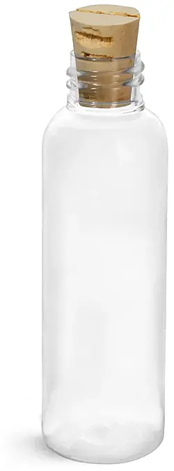 2 oz Clear PET Cosmo Round Bottles w/ Cork Stoppers
