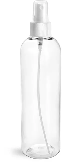 8 oz Clear PET Cosmo Round Bottles w/ White Fine Mist Sprayers