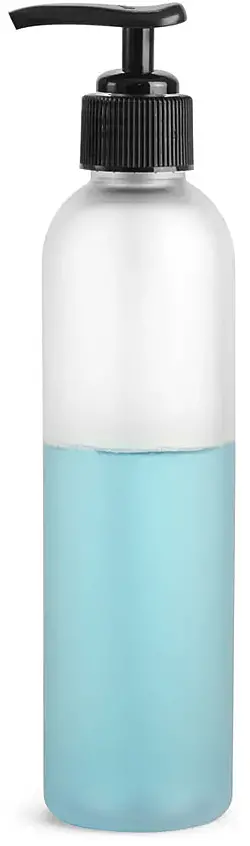 8 oz Frosted PET Cosmo Round Bottles w/ Black Lotion Pumps
