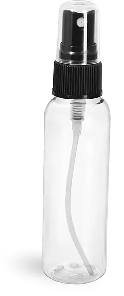2 oz Clear PET Cosmo Round Bottles w/ Black Fine Mist Sprayers