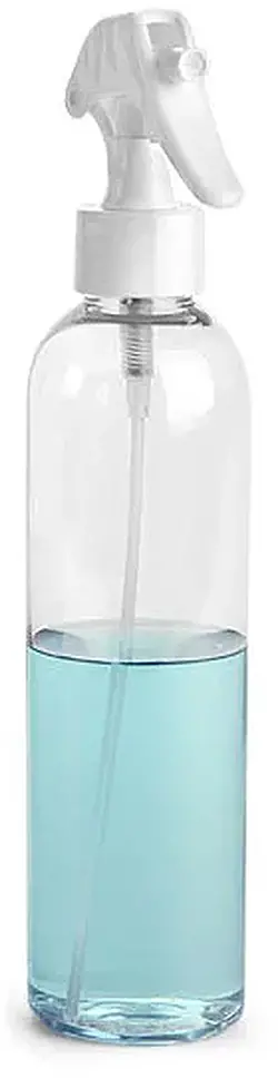8 oz Clear PET Cosmo Round Bottles w/ White Mini Trigger Sprayers