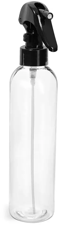 8 oz Clear PET Cosmo Round Bottles  w/ Black Mini Trigger Sprayers