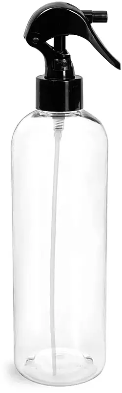 16 oz Clear PET Cosmo Round Bottles  w/ Black Mini Trigger Sprayers