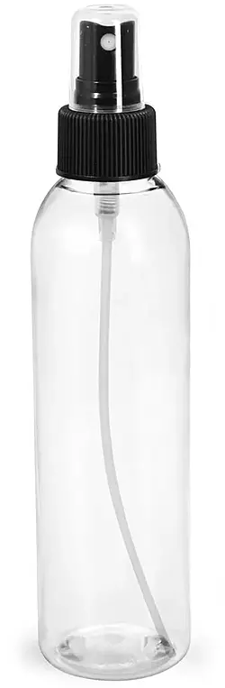6 oz Clear PET Cosmo Round Bottles w/ Black Sprayers
