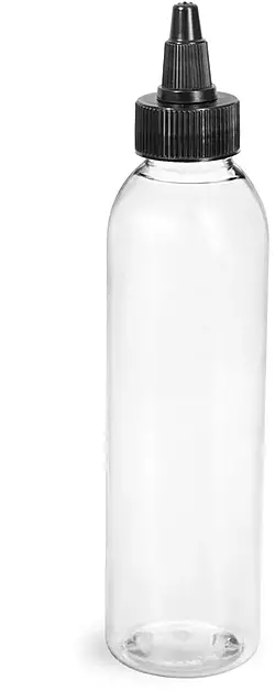 6 oz Clear PET Cosmo Round Bottles w/ with Black Twist Top Caps