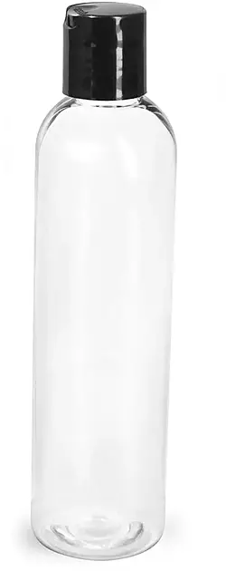 6 oz Clear PET Cosmo Round Bottles w/ Smooth Black Disc Top Caps
