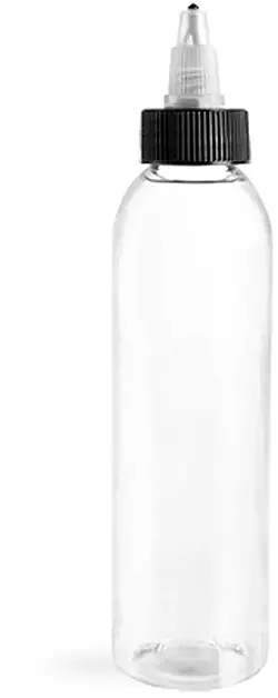 6 oz Clear PET Cosmo Round Bottles w/ Black /Natural Twist Top Caps