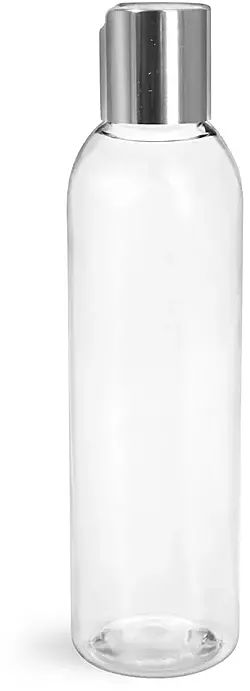 6 oz Clear PET Cosmo Round Bottles w/ with Silver Disc Top Caps