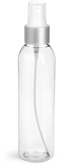 6 oz Clear PET Cosmo Round Bottles w/ White Sprayers w/ Brushed Aluminum Collars