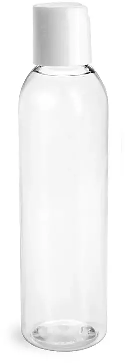 6 oz Clear PET Round Bottles w/ with White Disc Top Caps