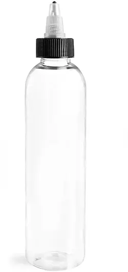 8 oz Plastic Bottles, Clear PET Cosmo Round Bottles w/ Black/Natural Induction Lined Caps