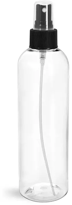 8 oz Clear PET Cosmo Round Bottles w/ Black Fine Mist Sprayers