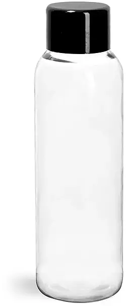 2 oz Plastic Bottles, Clear PET Cosmo Round Bottles w/ Black Smooth PS-22 Lined Caps