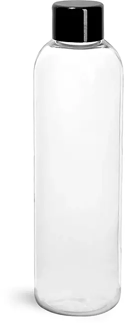 4 oz Plastic Bottles, Clear PET Cosmo Round Bottles w/ Black Smooth PS-22 Lined Caps