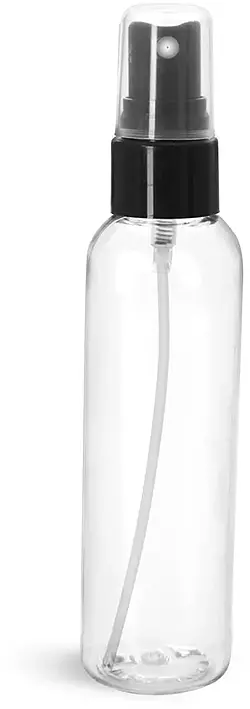 4 oz Plastic Bottles, Clear PET Cosmo Round Bottles w/ Smooth Black Fine Mist Sprayers