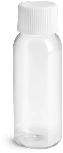 1 oz w/ White Ribbed Cap Clear PET Cosmo Round, Amenity Bottles with Caps