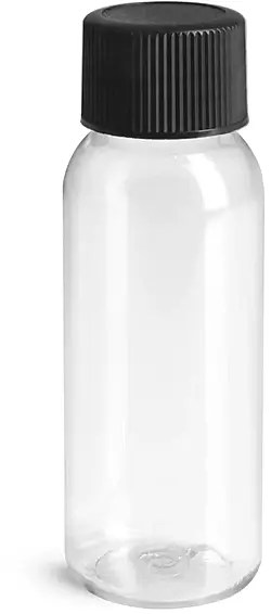 1 oz w/ Black Ribbed Cap Clear PET Cosmo Round, Amenity Bottles with Caps