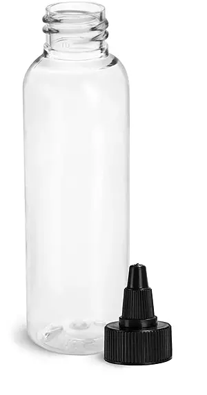 2 oz Plastic Bottles, Clear PET Cosmo Round Bottles w/ Black Induction Lined Twist Top Caps